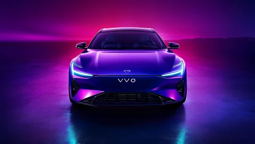 Electric concept car glows against a neon twilight horizon