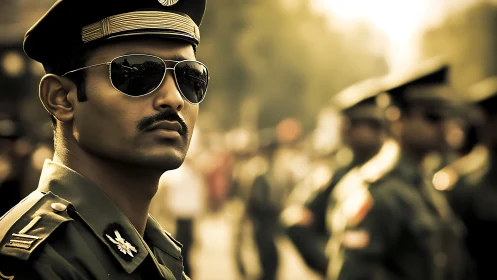 Sunglassed officer carves calm focus through parade haze
