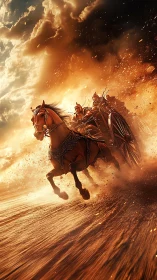 Armored warriors driving war chariot through firestorm.