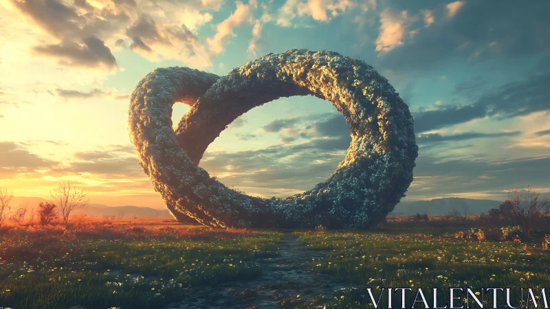 Floral torus megastructure curves across sunset meadow plane