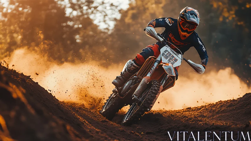 Motocross rider leans into sunlit dirt curve with dynamic dust