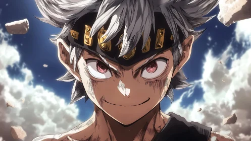 Silver-haired warrior glares upward amid shattered sky rocks