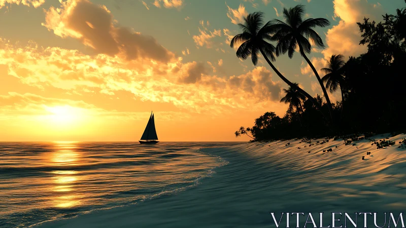 Tropical sailboat silhouetted against luminous sunset horizon.