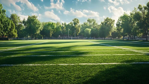 Sunlit football field shows marked turf and surrounding trees