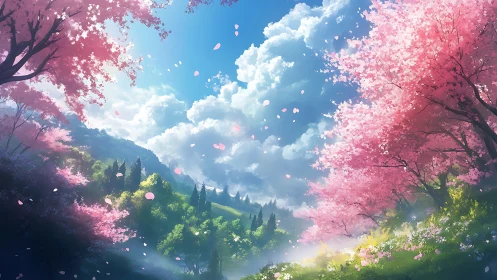 Blossoming cherry valley opens under bright spring sky