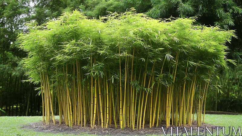 Vibrant yellow bamboo grove in lush green garden landscape.