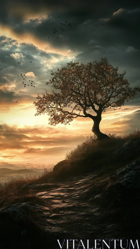 Lonely hilltop tree against dramatic sunset sky.