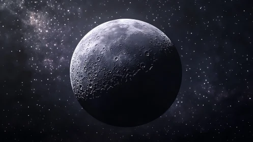 Luminous cratered moon suspended in star-rich deep space.