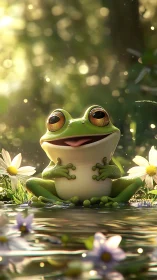 Cartoon green frog sitting in shallow pond with flowers.