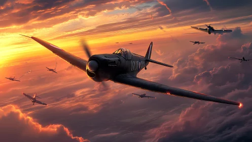 Sunset squadron soaring through painted stormlit clouds.