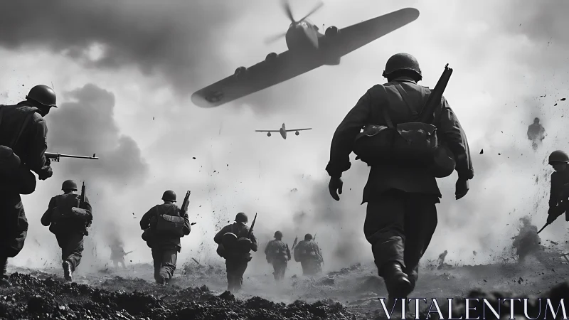 Storm-tossed soldiers race beneath roaring warplanes in ash