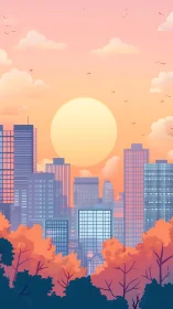 Sunlit city skyline rising above glowing autumn trees.