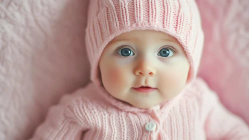 Infant Portrait in Soft Pink Knit Garments and Bonnet.