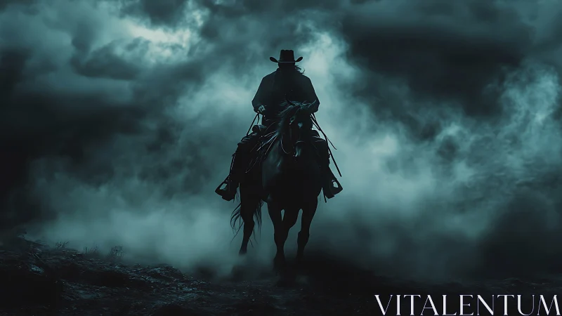 Lone midnight rider emerging through stormlit mist.