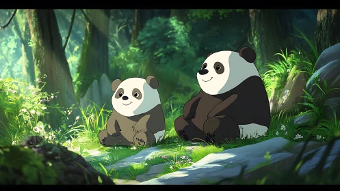Cartoon panda pair resting in a bright green forest clearing.
