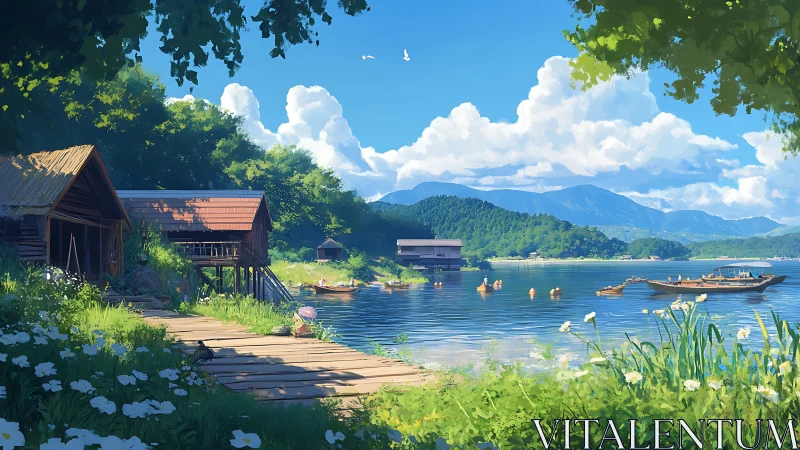 Lakeside wooden houses and boats under clear summer sky.