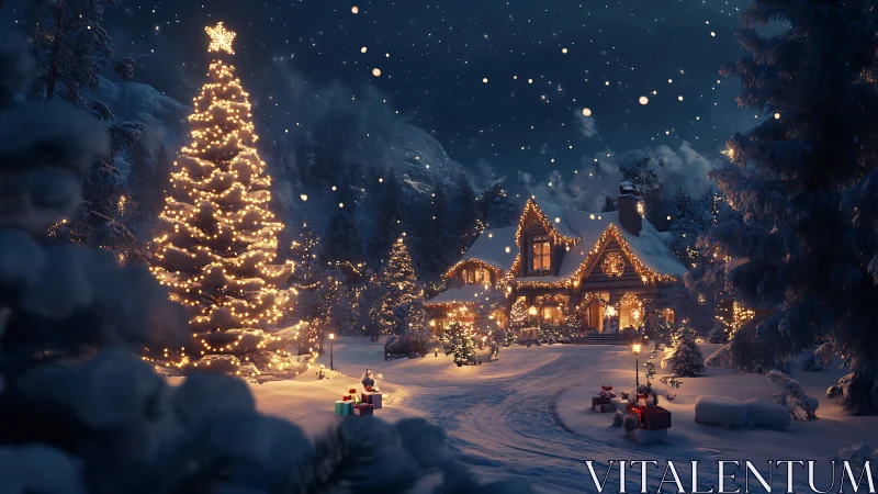 Snow-covered house and lit Christmas tree under night sky