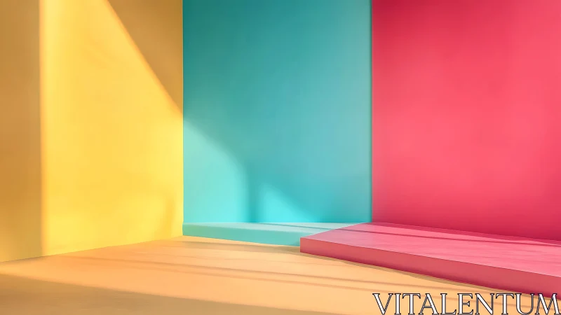 Sunlit trio of pastel walls staging a playful color dream.