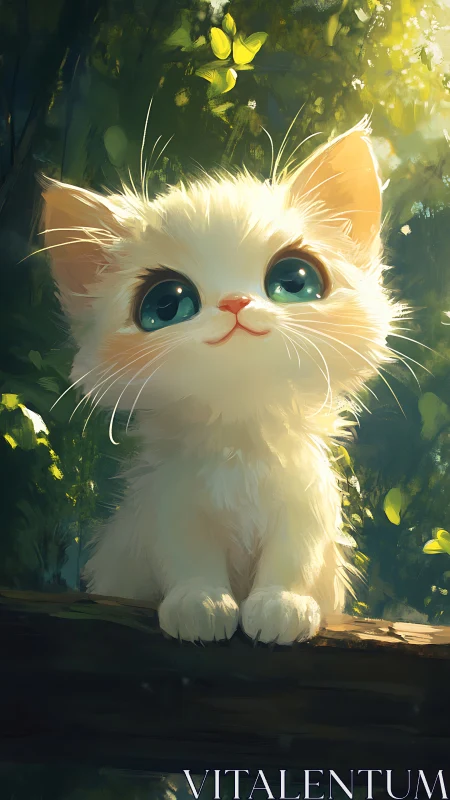 Luminescent Feline with Heterochromatic Eyes Amid Botanical Foliage.