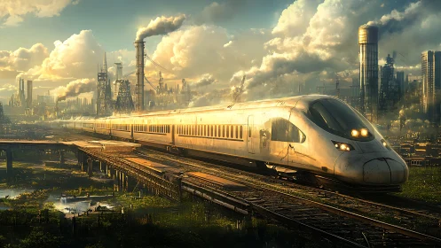 High speed train crosses decayed tracks in industrial fog