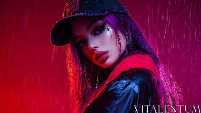 Neon-soaked portrait of cyber-styled woman in rainfall glow.