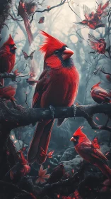 High-contrast digital cardinals perch in misty desaturated forest