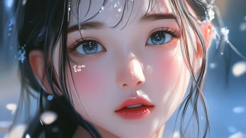 Close-up digital portrait of girl with blue eyes and petals.