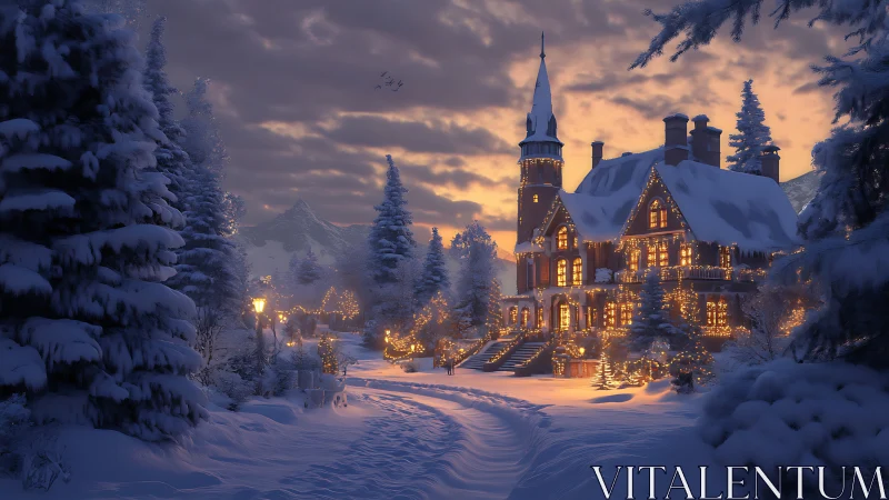 Snowy manor glows with warm winter holiday lights at dusk.