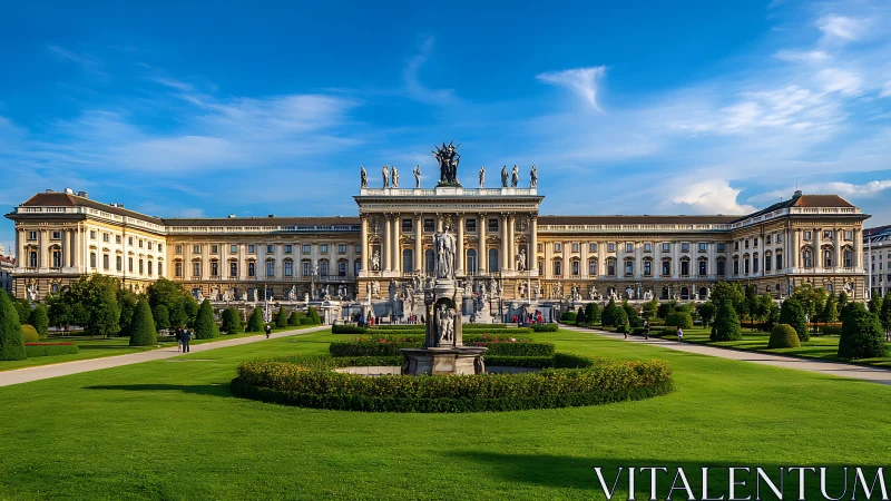 Grand palace façade with formal gardens under vivid sky.
