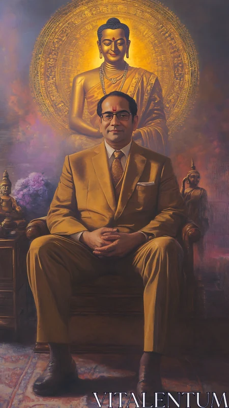 Golden-robed leader seated before radiant Buddha mandala