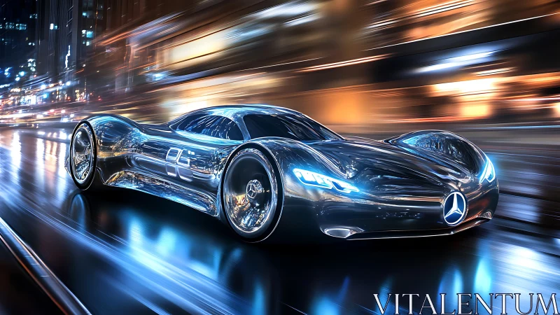 Futuristic chrome concept car racing through neon city night.