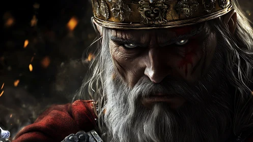 War-scarred king with burning gaze in dark battlefield.