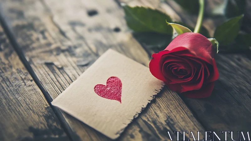 Red Rose Love Letter. Romance Card on Wooden Surface.