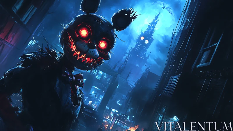 Cybernetic rabbit animatronic in nocturnal dystopian alley