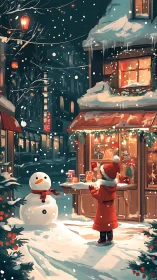 Child admires cozy Christmas shopfront on a snowy evening