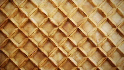 Golden waffle-like geometric wall pattern creates depth.