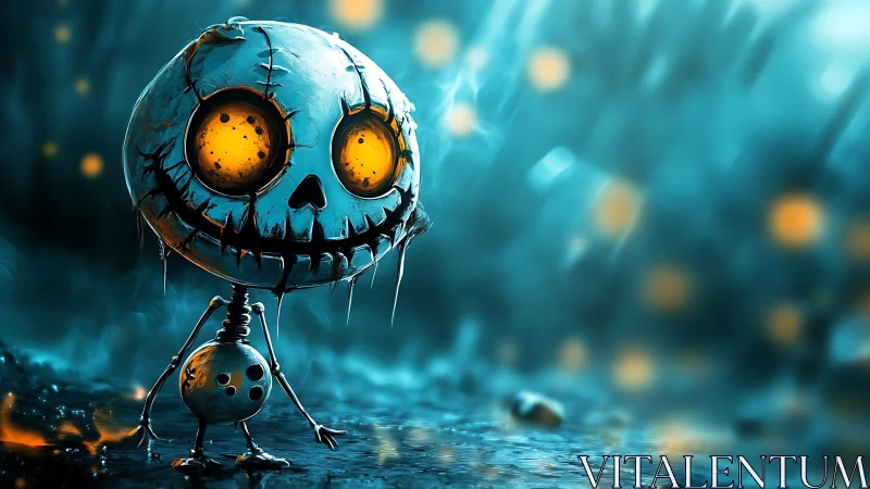 Glowing eyed skeleton toy in eerie blue misted landscape.