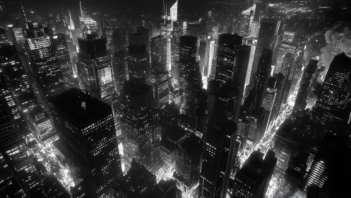 Noir aerial cityscape captures dense luminous night skyline
