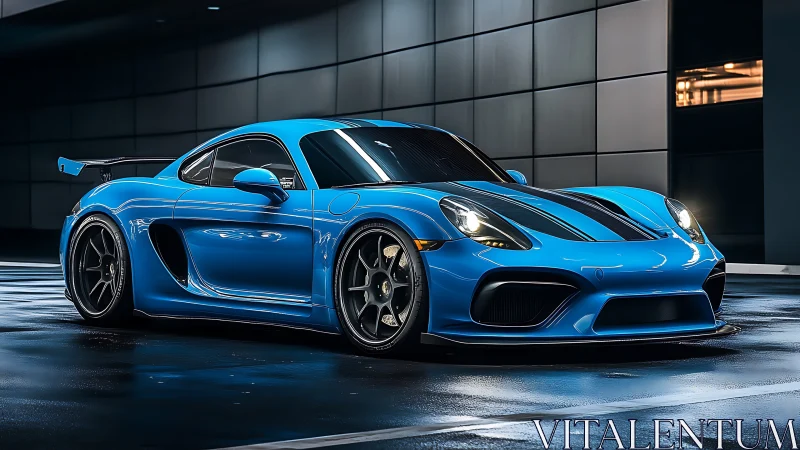 Electric blue track predator prowls under neon garage glow.