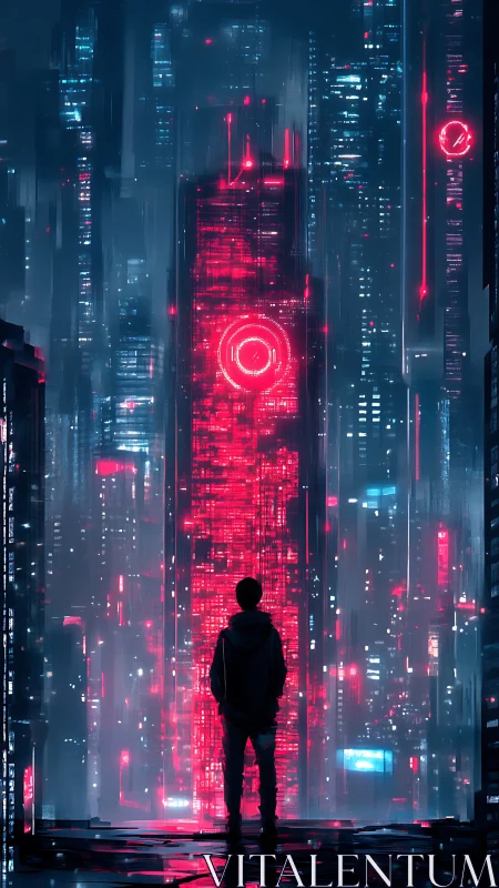 Lone figure facing neon red tower in dense cyberpunk city.