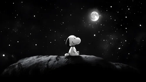 Cartoon dog stargazing alone on moonlit rocky hilltop.