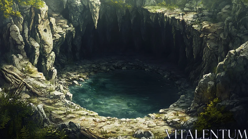 Sunken forest cenote with rocky rim and emerald basin.