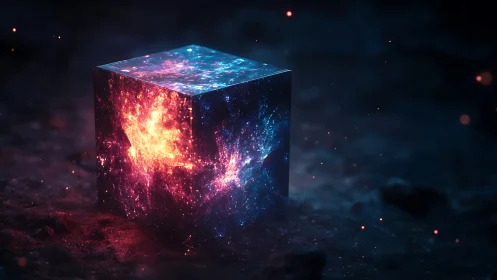 Glowing cosmic cube sits on dark textured ground surface
