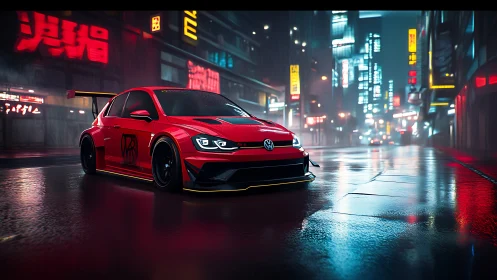 Cyberpunk street-legal racer in neon-soaked nightscape rendering.