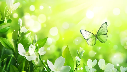 Green butterfly above white flowers in dreamy spring nature scene.
