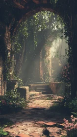 Sunlit ivy arcade overgrown around ancient stone steps.