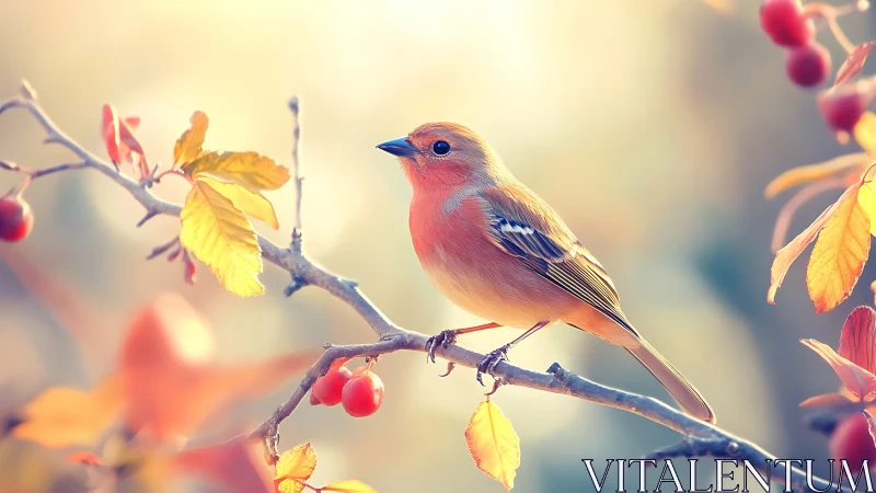 Autumn Songbird on Branch with Soft Pastel Background.