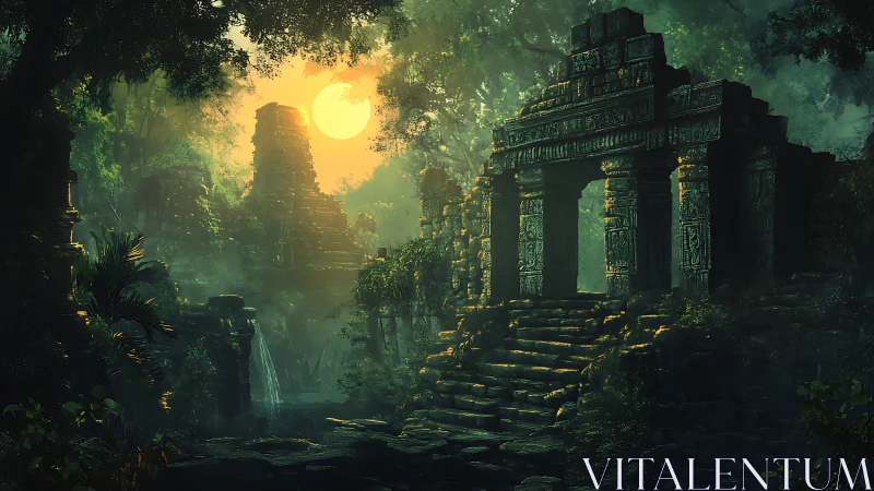 Sun-drenched jungle ruins cradle a forgotten stone gate.