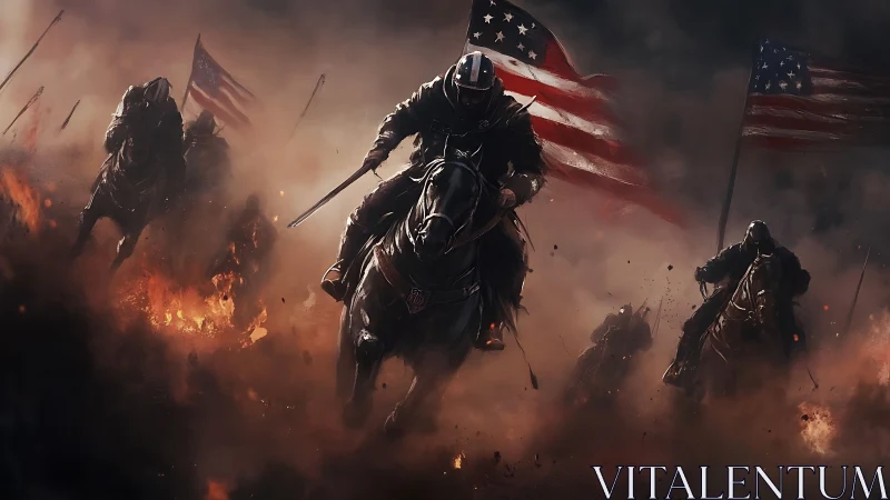 Armored horsemen advancing with flags through fire and smoke.