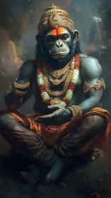 Simian deity sits cross-legged in ornate golden regalia